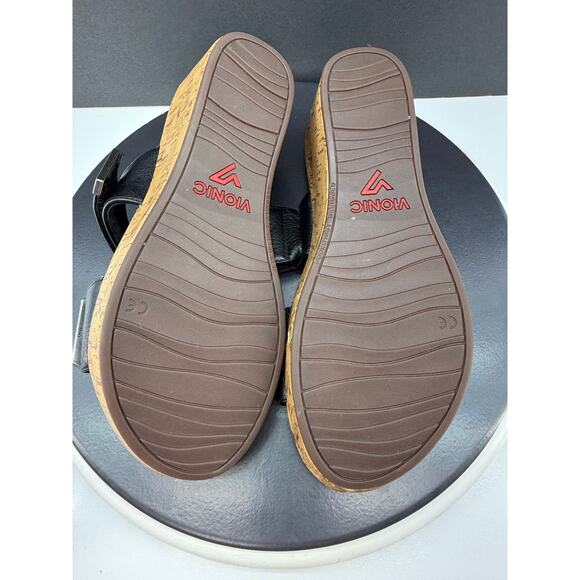 VIONIC Pepper Womens Sz 8 Black Leather Open Toe Platform Slip On Wedge Sandals - Picture 14 of 15